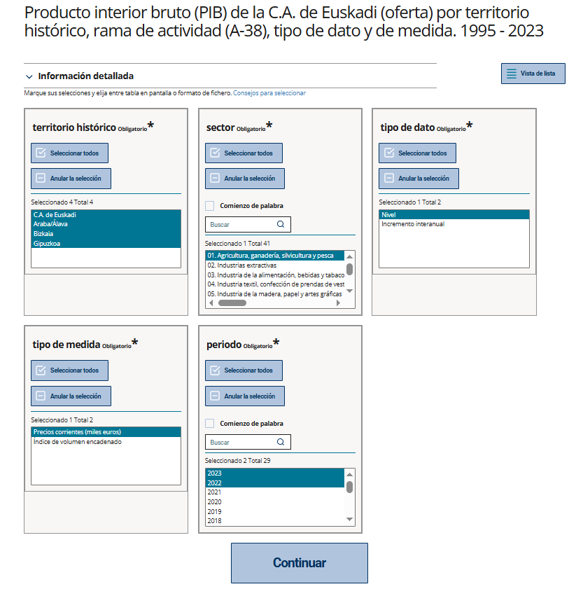 Selección de variables y valores